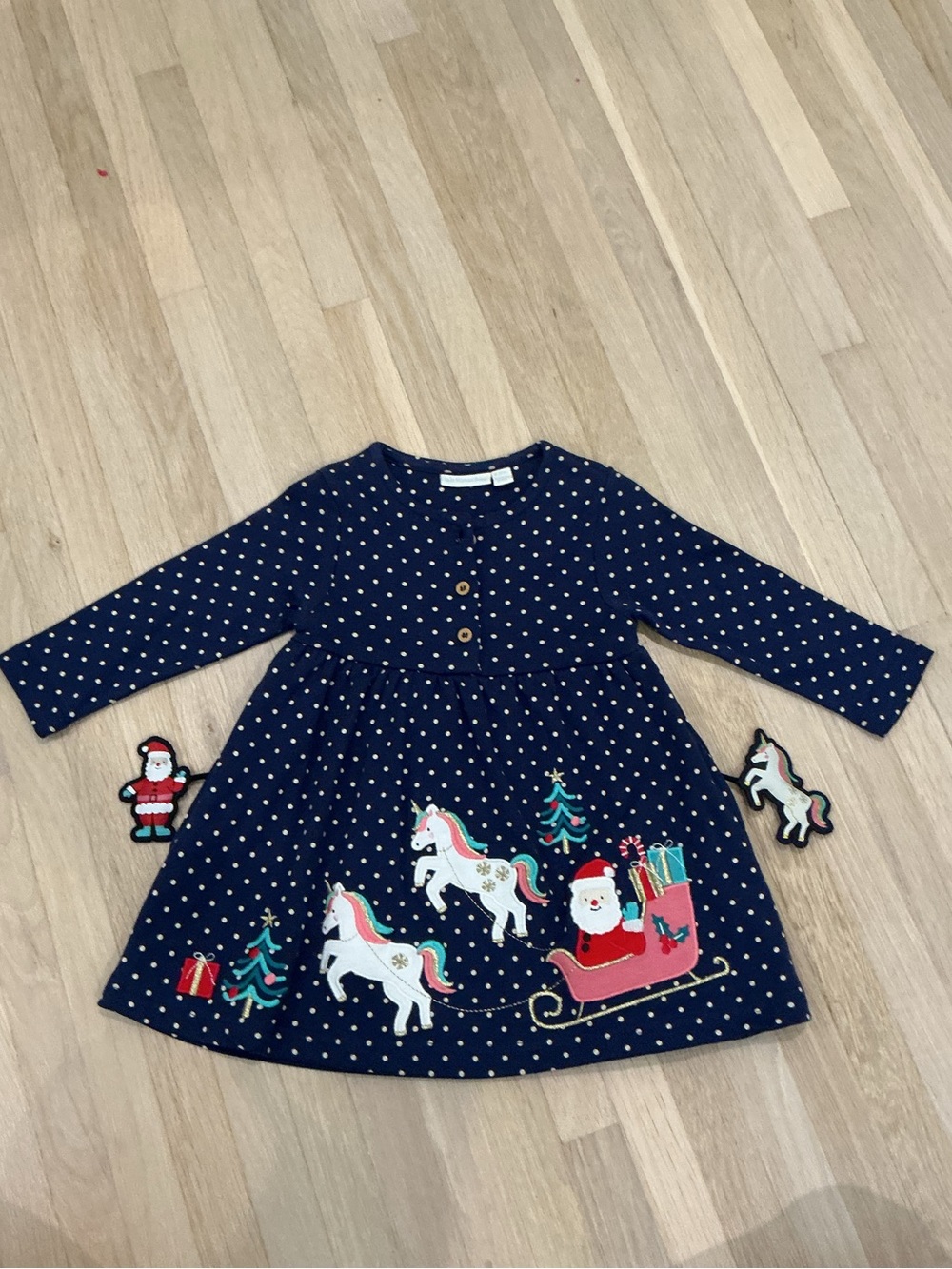 Jojo Maman Bebe Santa and unicorn appliqués navy dress